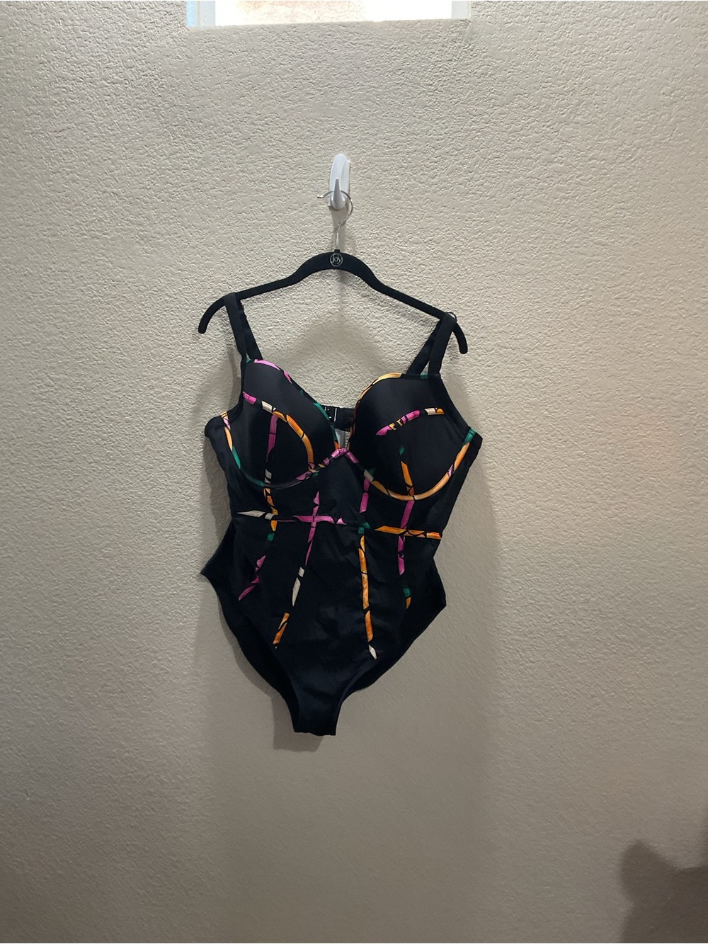 City Chic Black One-Piece Swimsuit with Pink, Orange & Green Accents